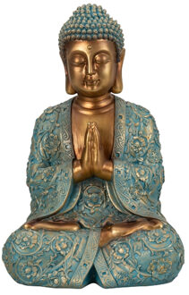 Boeddha beeld Shaman - binnen/buiten - kunststeen - goud/jade - 28 x 41 cm - Beeldjes Goudkleurig