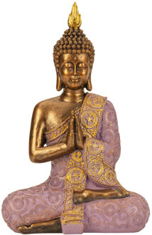 Boeddha beeld Shaman - binnen/buiten - kunststeen - goud/lila - 20 x 30 cm