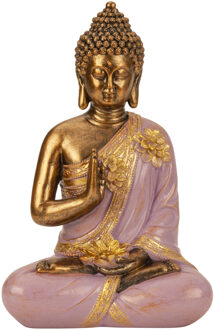 Boeddha beeld Shaman - binnen/buiten - kunststeen - goud/lila - 21 x 31 cm