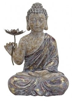 Boeddha beeld - zittend met bloem - polystone beeldje - 48 cm - rustgevende tuindecoratie