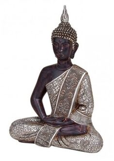 Boeddha beeld - zwart met zilver - zittend - polystone - 29 cm