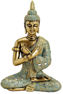 Boeddha beeldje - goud/groen - tuin en woondecoratie - 33 cm - voor binnen en buiten - zittend medit