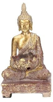 Boeddha beeldje - goud - met theelichthouder - 18 cm - polystone - waxinelichthouder
