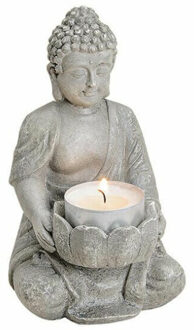 Boeddha beeldje - grijs - met theelichthouder - 14 cm - polystone - waxinelichthouder
