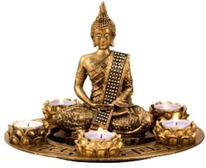 Boeddha beeldje met 5 kaarshouders op schaal - kunststeen - goud - 27 x 20 cm - deco artikel - Beeldjes Goudkleurig