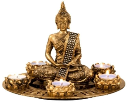Boeddha beeldje met 5 kaarshouders op schaal - kunststeen - goud - 27 x 20 cm - deco artikel