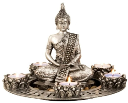 Boeddha beeldje met 5 kaarshouders op schaal - zilver - 27 x 20 cm