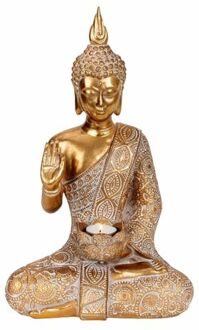 Boeddha beeldje met theelichthouder - binnen/buiten - kunststeen - goud - 38 x 23 cm - Beeldjes Goudkleurig