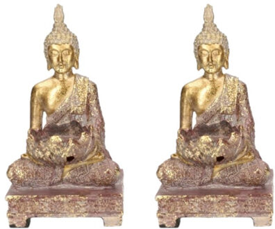 Boeddha beeldje - Set van 2x stuks - goud - met theelichthouder - 18 cm - polystone - waxinelichthou