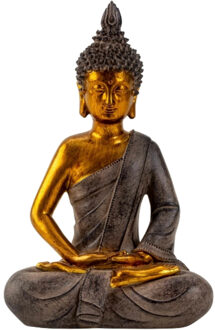 Boeddha beeldje zittend - binnen/buiten - kunststeen - betongrijs/goud - 26 x 17 cm