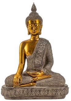 Boeddha beeldje zittend - binnen/buiten - kunststeen - betongrijs/goud - 27 x 39 cm - Beeldjes Goudkleurig