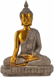 Boeddha beeldje zittend - binnen/buiten - kunststeen - betongrijs/goud - 27 x 39 cm