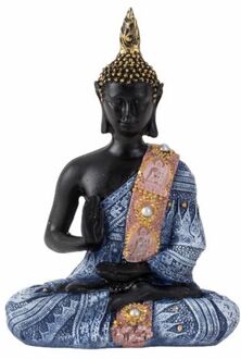 Boeddha beeldje zittend - binnen/buiten - kunststeen - zwart/blauw - 15 x 10 cm - Beeldjes Multikleur