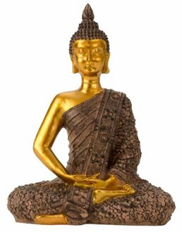 Boeddha beeldje zittend - binnen/buiten - kunststeen - zwart/goud - 17 x 23 cm - Beeldjes Goudkleurig