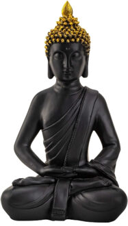 Boeddha beeldje zittend - binnen/buiten - kunststeen - zwart/goud - 30 x 17 cm