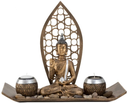 Boeddha decoratie beeldje met 2 kaarshouders op schaal - kunststeen - goud/bruin - 35 x 13 cm
