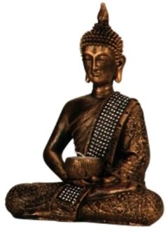 Boeddha decoratie beeldje met kaarshouder - kunststeen - goud - 26 x 20 cm - Beeldjes Goudkleurig