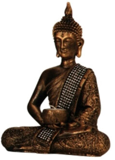 Boeddha decoratie beeldje met kaarshouder - kunststeen - goud - 26 x 20 cm