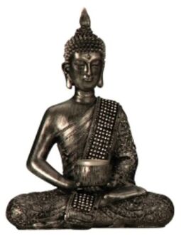 Boeddha decoratie beeldje met kaarshouder - kunststeen - zilver - 26 x 20 cm - Beeldjes Zilverkleurig