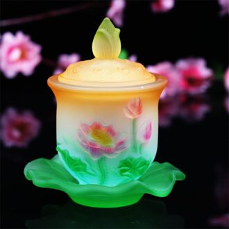 Boeddha Ornament Lotus Water Supply Cup Glazen Kom Crystal Heilige Water Cup Creatieve Kleurrijke Guanyin Cup Plaat Boeddhistische Leveringen een cup met tray