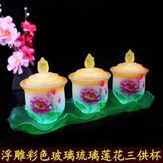 Boeddha Ornament Lotus Water Supply Cup Glazen Kom Crystal Heilige Water Cup Creatieve Kleurrijke Guanyin Cup Plaat Boeddhistische Leveringen three cups met tray