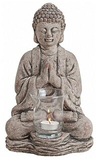 Boeddha theelichthouder - grijs - 30 cm - keramiek - beeldje - waxinelichthouder