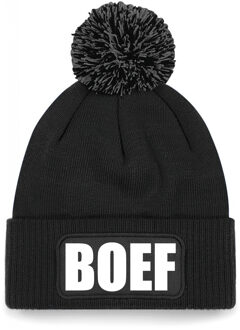 Boef muts/beanie met pompon - onesize - unisex - zwart One size