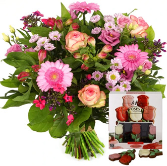 Boeket bloemen + rozen chocolade