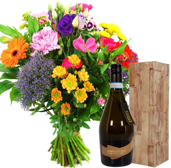 Boeket bont + fles prosecco