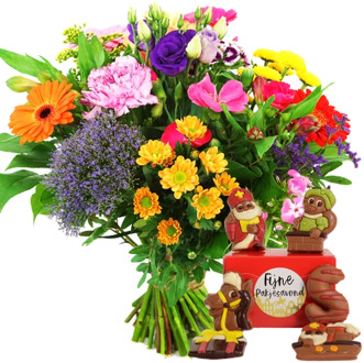 Boeket bonte bloemen + sinterklaas chocolade