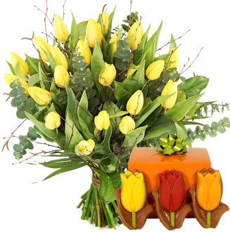 Boeket gele tulpen + tulpen chocolade