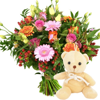 Boeket oranje roze + knuffelbeertje