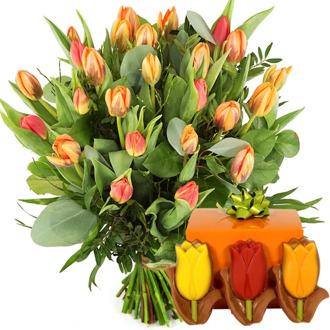 Boeket oranje tulpen + tulpen chocolade