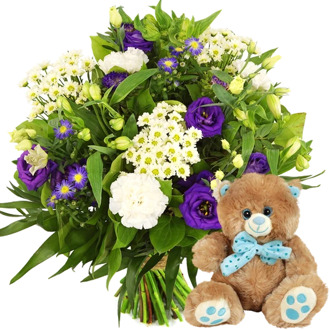 Boeket paars wit + knuffelbeertje