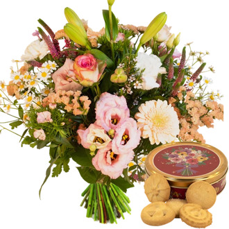 Boeket pastel zalm roze + koektrommel