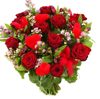 Boeket rode rozen met hartjes bestellen