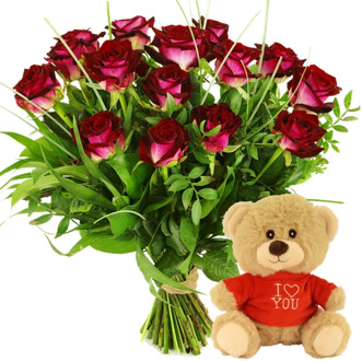 Boeket rode rozen + I love you kuffel