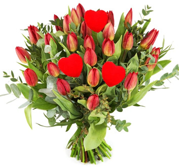 Boeket rode tulpen + hartjes
