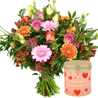 Boeket roze oranje + snoep blikje allerliefste