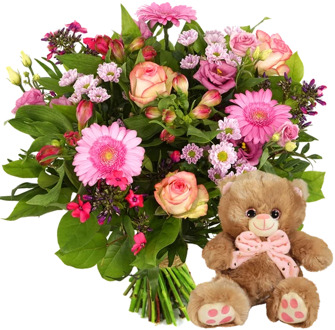 Boeket roze + knuffelbeertje