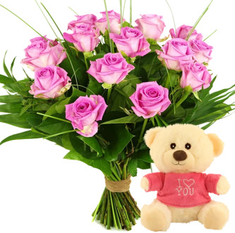 Boeket roze rozen + knuffelbeertje i love you