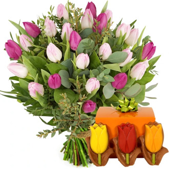 Boeket roze tulpen + tulpen chocolade