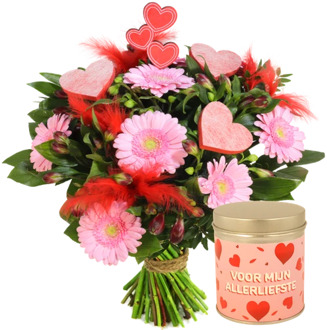 Boeket van de liefde + blikje hartjes snoep