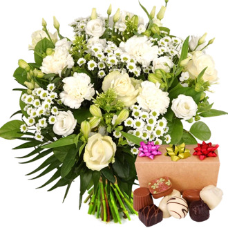 Boeket witte bloemen + 300 gram bonbons