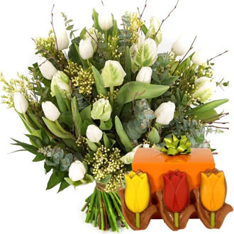 Boeket witte tulpen tulpen chocolade + tulpen chocolade