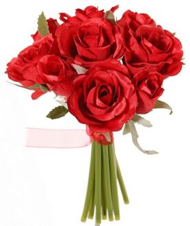 Boeketje kunstbloemen - rozen - rood - 20 cm - 9x stuks - Kunstbloemen