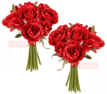 Boeketje Rozen kunstbloemen - 18x stuks - rood - 20 cm - roos - decoratie