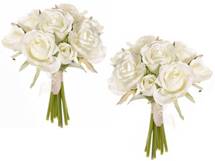 Boeketje Rozen kunstbloemen - 18x stuks - wit - 20 cm - roos - decoratie