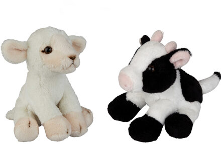 Boerderij dieren zachte pluche knuffels 2x stuks - Schaap en Koe van 15 cm