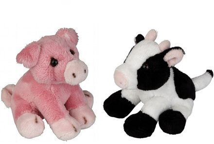 Boerderij dieren zachte pluche knuffels 2x stuks - Varken en Koe van 15 cm